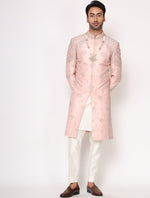 Peach Pure Raw Silk Hand Embroidered Designer Sherwani Set