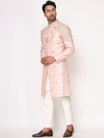 Peach Pure Raw Silk Hand Embroidered Designer Sherwani Set