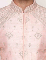 Peach Pure Raw Silk Hand Embroidered Designer Sherwani Set