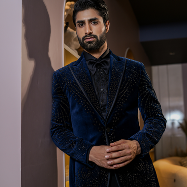 Teal Blue Cotton Velvet Hand Embroidered Tuxedos Suit