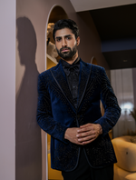Teal Blue Cotton Velvet Hand Embroidered Tuxedos Suit