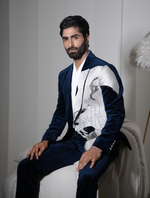 Teal Blue Cotton Velvet Lion Hand Embroidered Tuxedos Suit