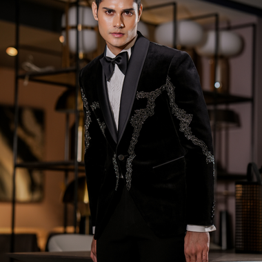 Black Cotton Velvet Hand Embroidered Tuxedos Suit