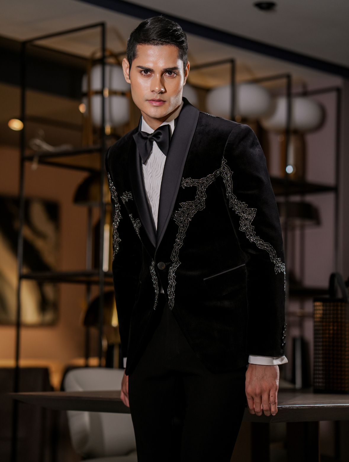 Black Cotton Velvet Hand Embroidered Tuxedos Suit
