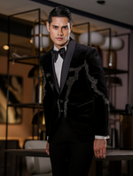 Black Cotton Velvet Hand Embroidered Tuxedos Suit