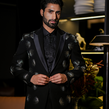 Black Italian Fabric Hand Embroidered Full Work Stylish Tuxedos Suit