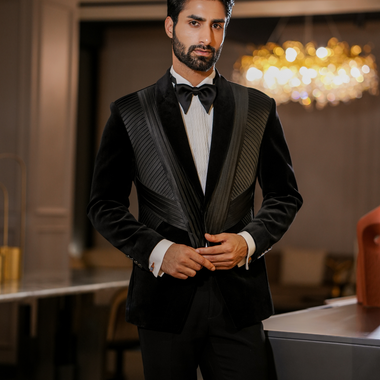 Black Cotton Velvet with Pintex Work Tuxedos Suit