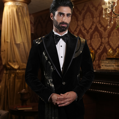 Black Cotton Velvet Hand Embroidered Back & Front Work Tuxedos Suit