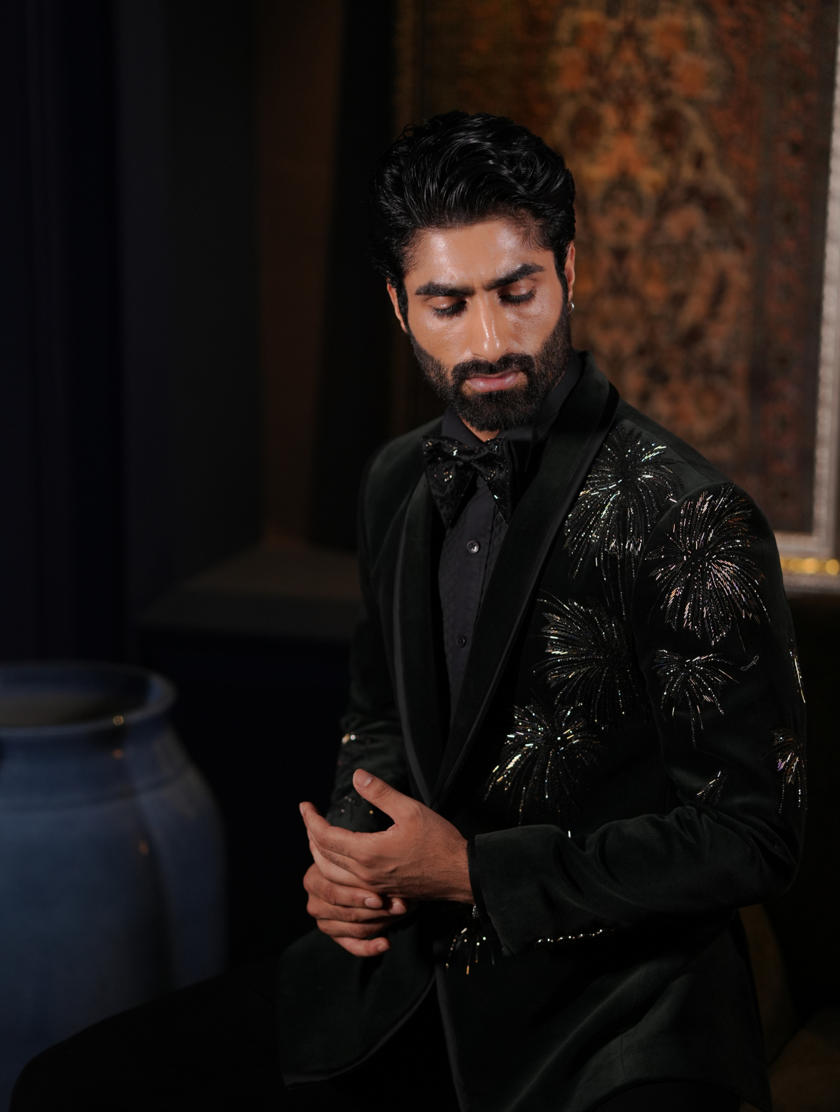Bottle Green Color Cotton Velvet Hand Embroidered Tuxedos Suit