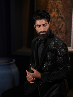 Bottle Green Color Cotton Velvet Hand Embroidered Tuxedos Suit