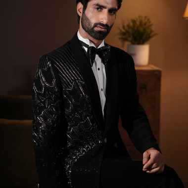 Black Italian Fabric Hand Embroidered with Drape Work Tuxedos Suit