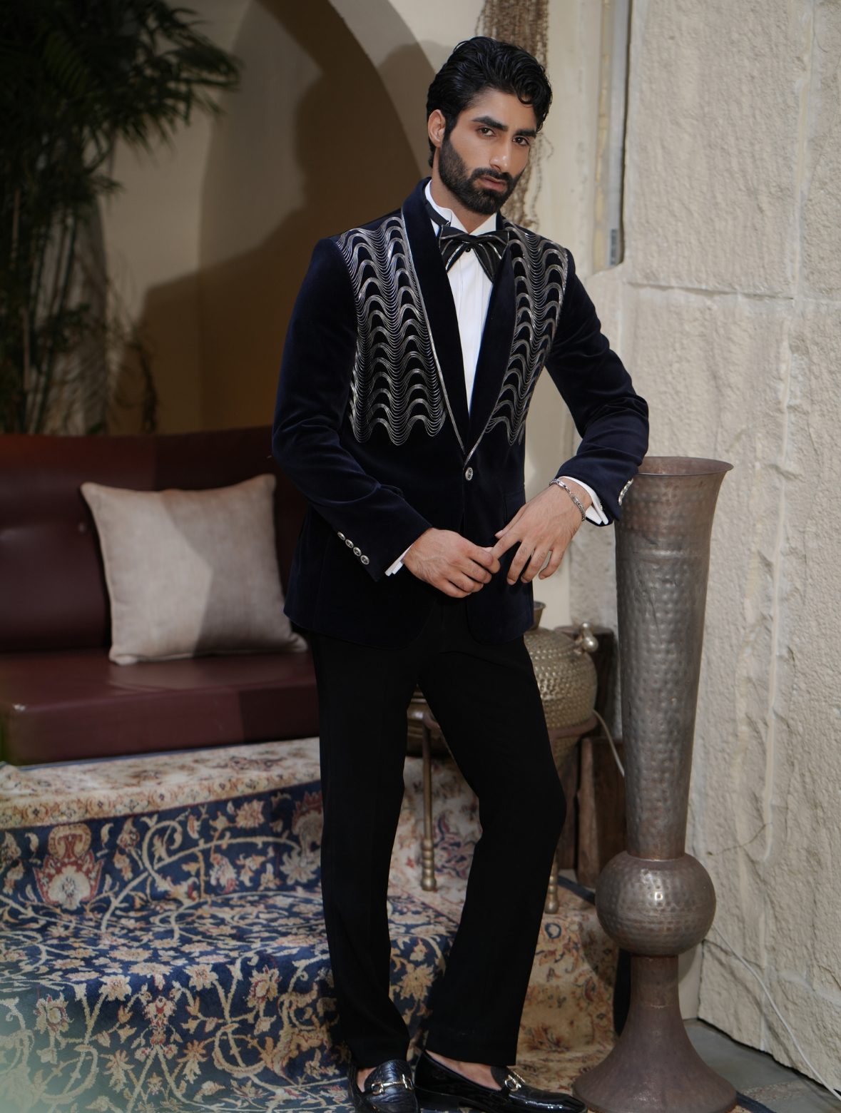 Navy Blue Cotton Velvet Leather Cord Work Tuxedos Suit
