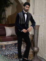 Navy Blue Cotton Velvet Leather Cord Work Tuxedos Suit