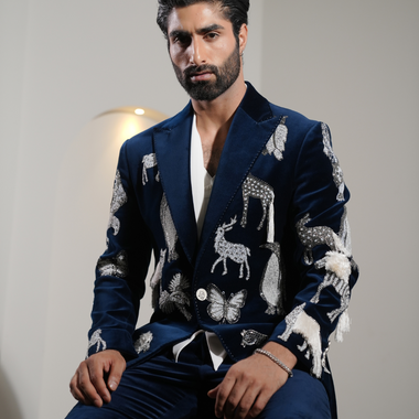 Teal Blue Cotton Velvet Hand Embroidered Animal Style Tuxedos Suit