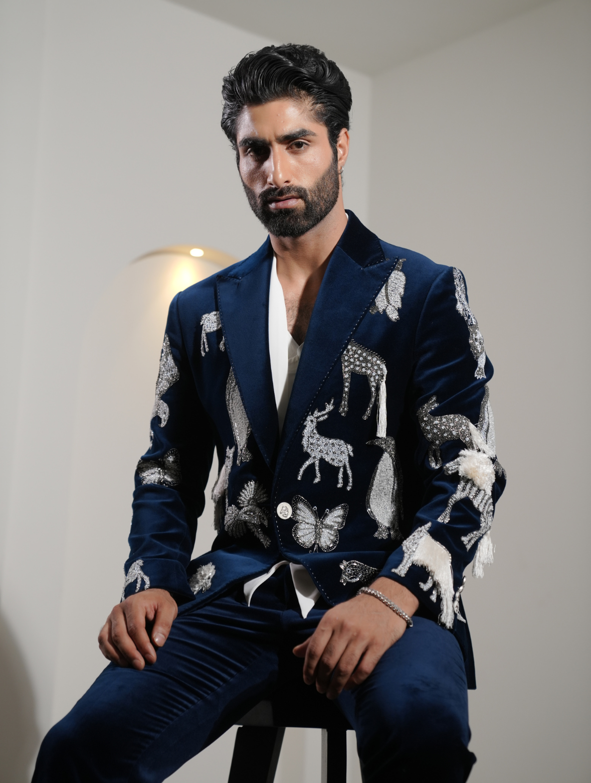 Teal Blue Cotton Velvet Hand Embroidered Animal Style Tuxedos Suit