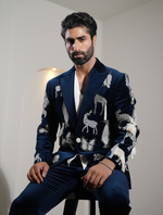 Teal Blue Cotton Velvet Hand Embroidered Animal Style Tuxedos Suit