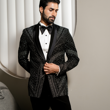 Black Italian Fabric Hand Embroidered Full Work Tuxedos Suit
