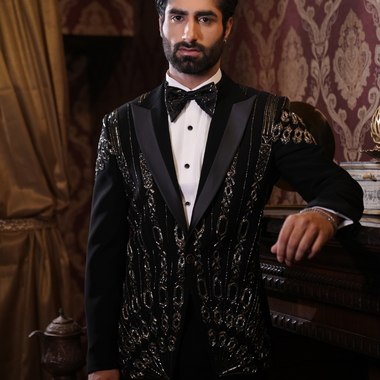 Black Italian Fabric Hand Embroidered Stylish Tuxedos Suit