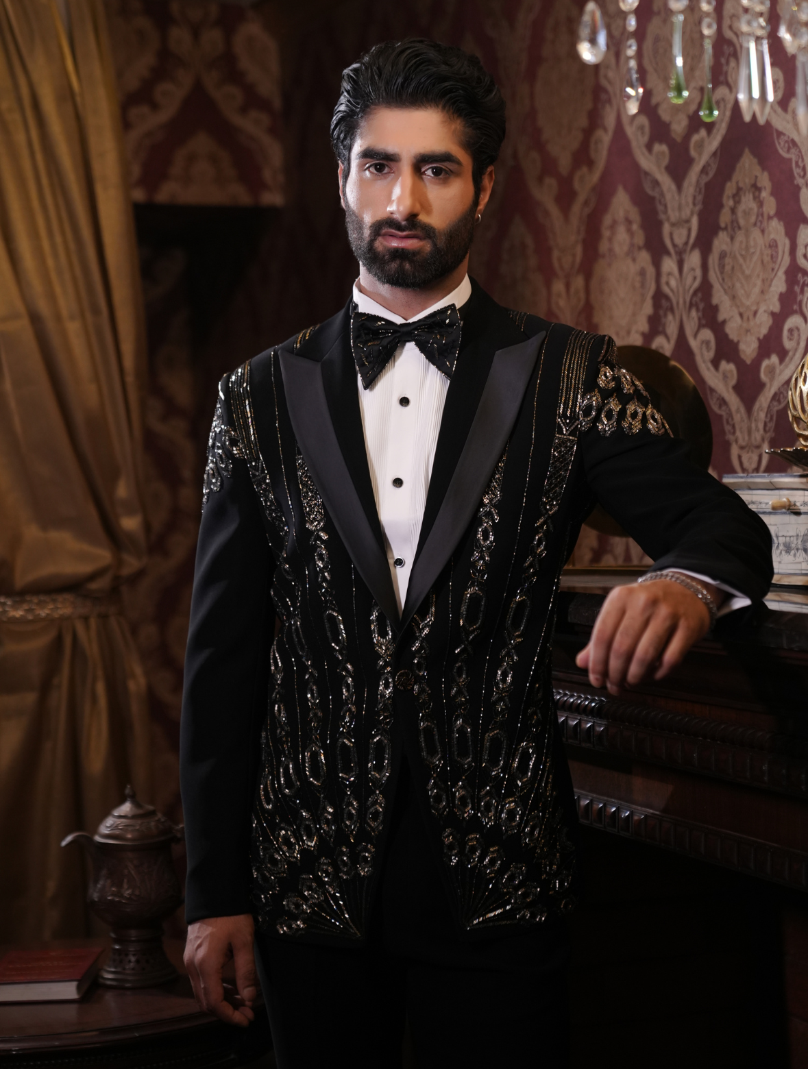Black Italian Fabric Hand Embroidered Stylish Tuxedos Suit