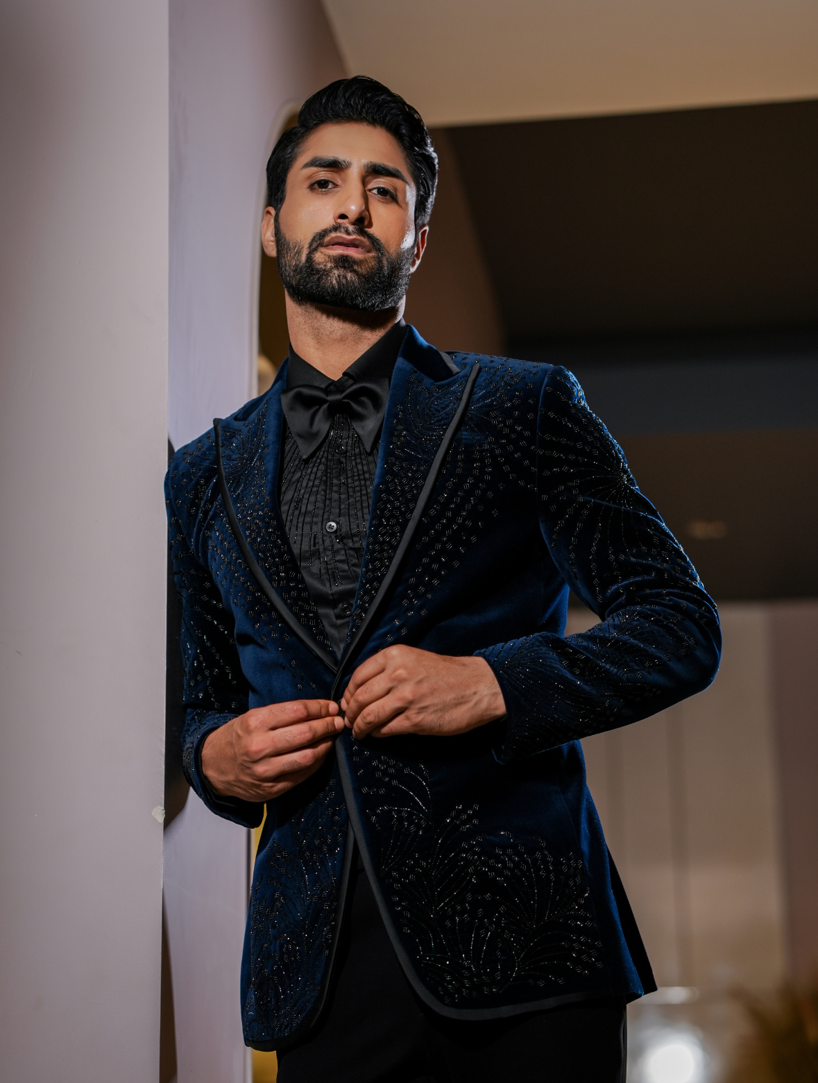 Teal Blue Cotton Velvet Hand Embroidered Tuxedos Suit