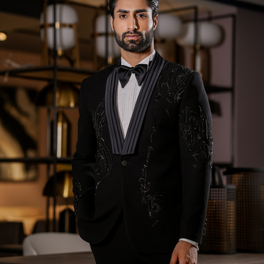 Black Italian Hand Embroidered Tuxedos Suit