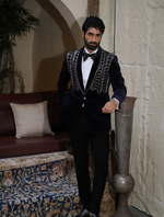 Navy Blue Cotton Velvet Leather Cord Work Tuxedos Suit