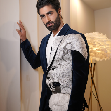 Teal Blue Cotton Velvet Lion Hand Embroidered Tuxedos Suit