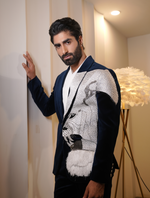 Teal Blue Cotton Velvet Lion Hand Embroidered Tuxedos Suit