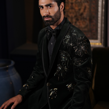 Bottle Green Color Cotton Velvet Hand Embroidered Tuxedos Suit