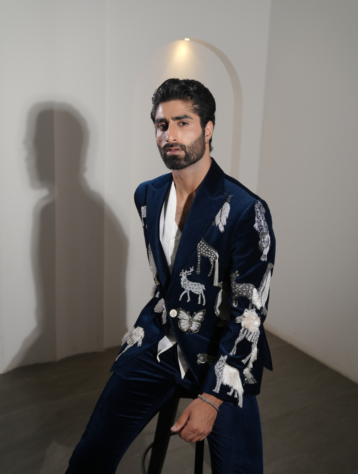 Teal Blue Cotton Velvet Hand Embroidered Animal Style Tuxedos Suit