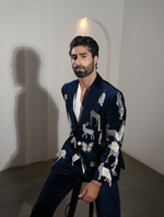 Teal Blue Cotton Velvet Hand Embroidered Animal Style Tuxedos Suit