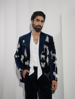 Teal Blue Cotton Velvet Hand Embroidered Animal Style Tuxedos Suit