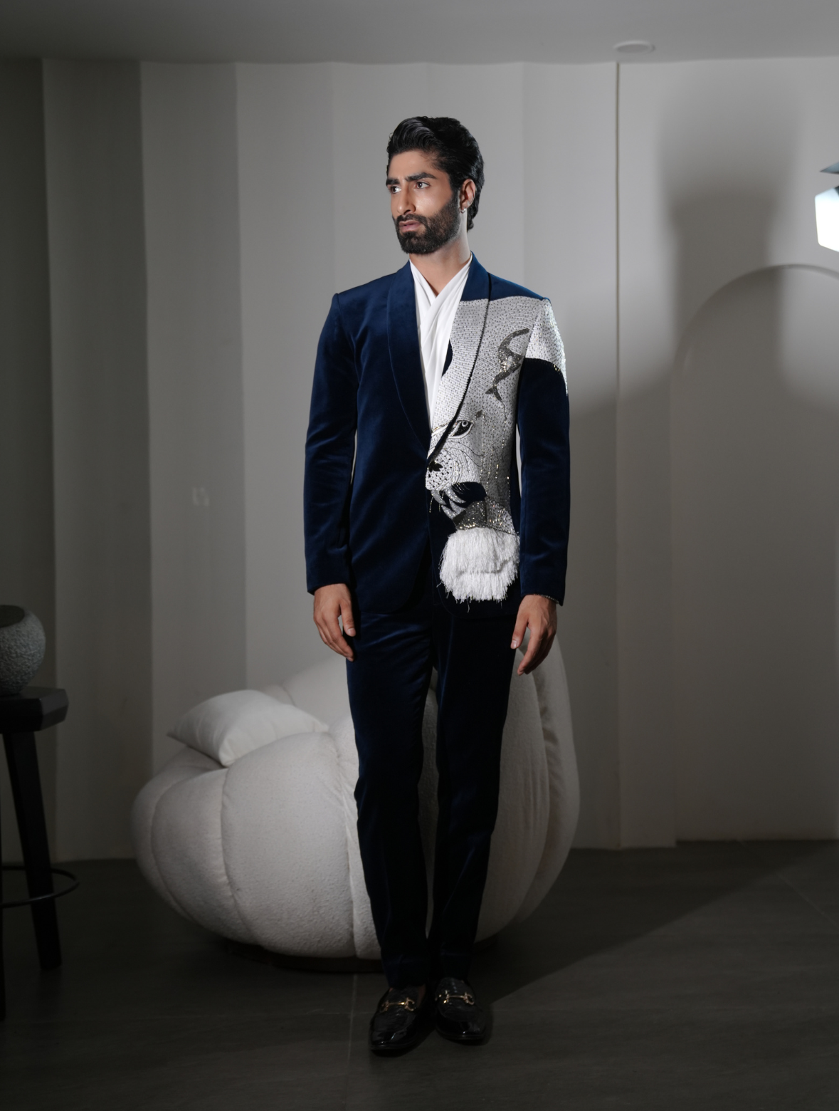 Teal Blue Cotton Velvet Lion Hand Embroidered Tuxedos Suit