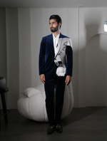Teal Blue Cotton Velvet Lion Hand Embroidered Tuxedos Suit