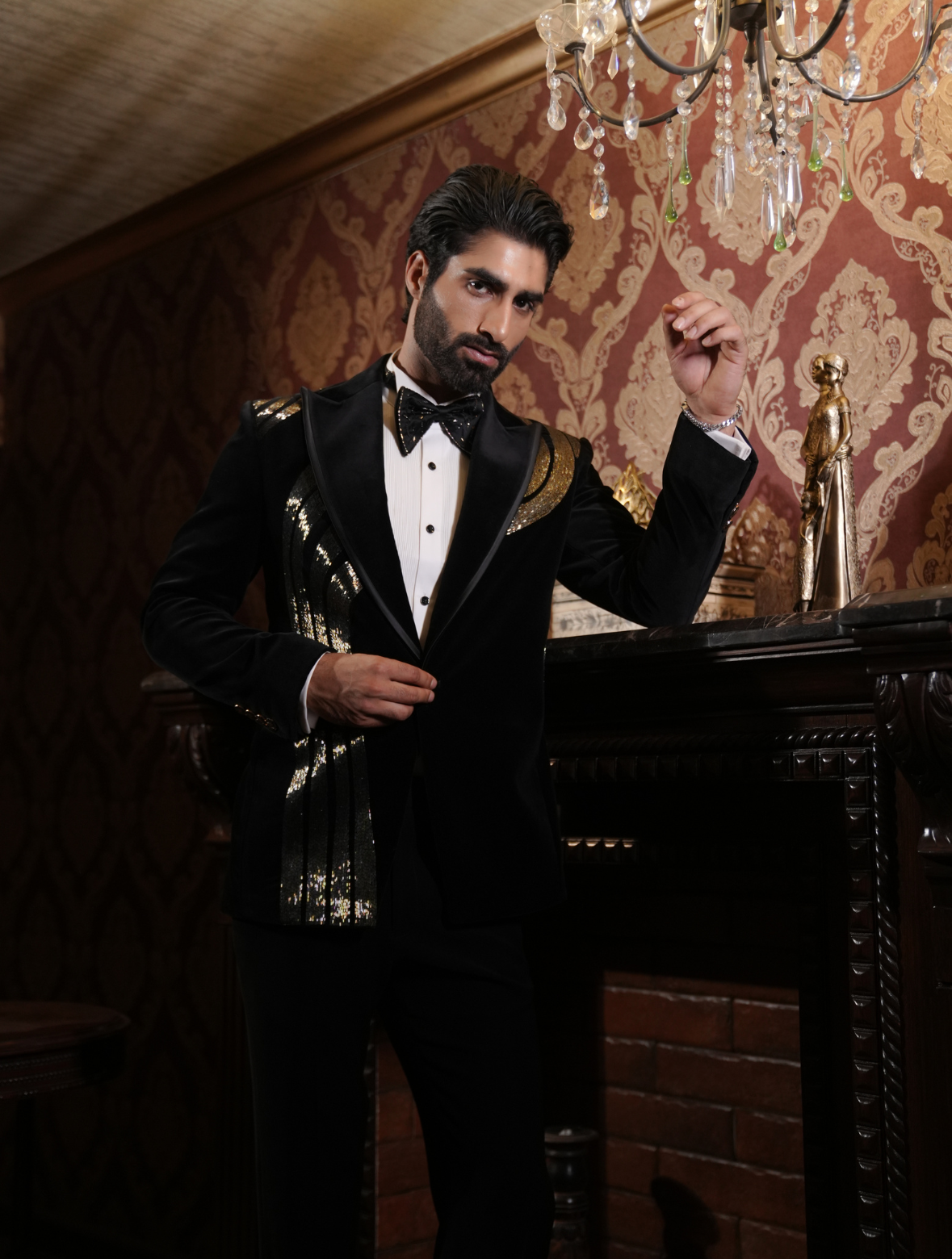 Black Cotton Velvet Hand Embroidered Back & Front Work Tuxedos Suit