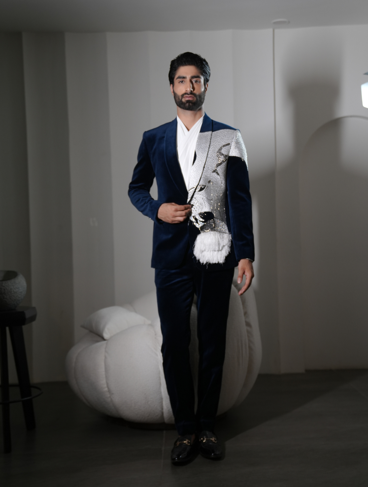 Teal Blue Cotton Velvet Lion Hand Embroidered Tuxedos Suit