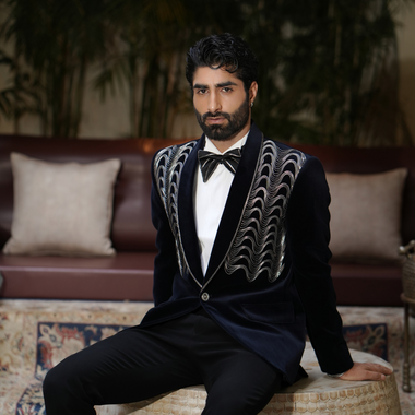 Navy Blue Cotton Velvet Leather Cord Work Tuxedos Suit