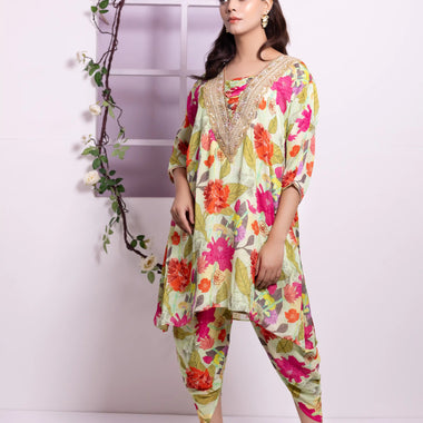 Leaf Printed Hand Embroidered Pure Chinon Co-ord Set with Tulip Salwar