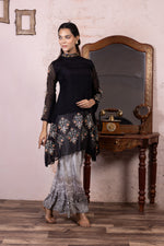 Black Pure Chinon Hand Embroidered Co-ord Set with Printed Palazo Set
