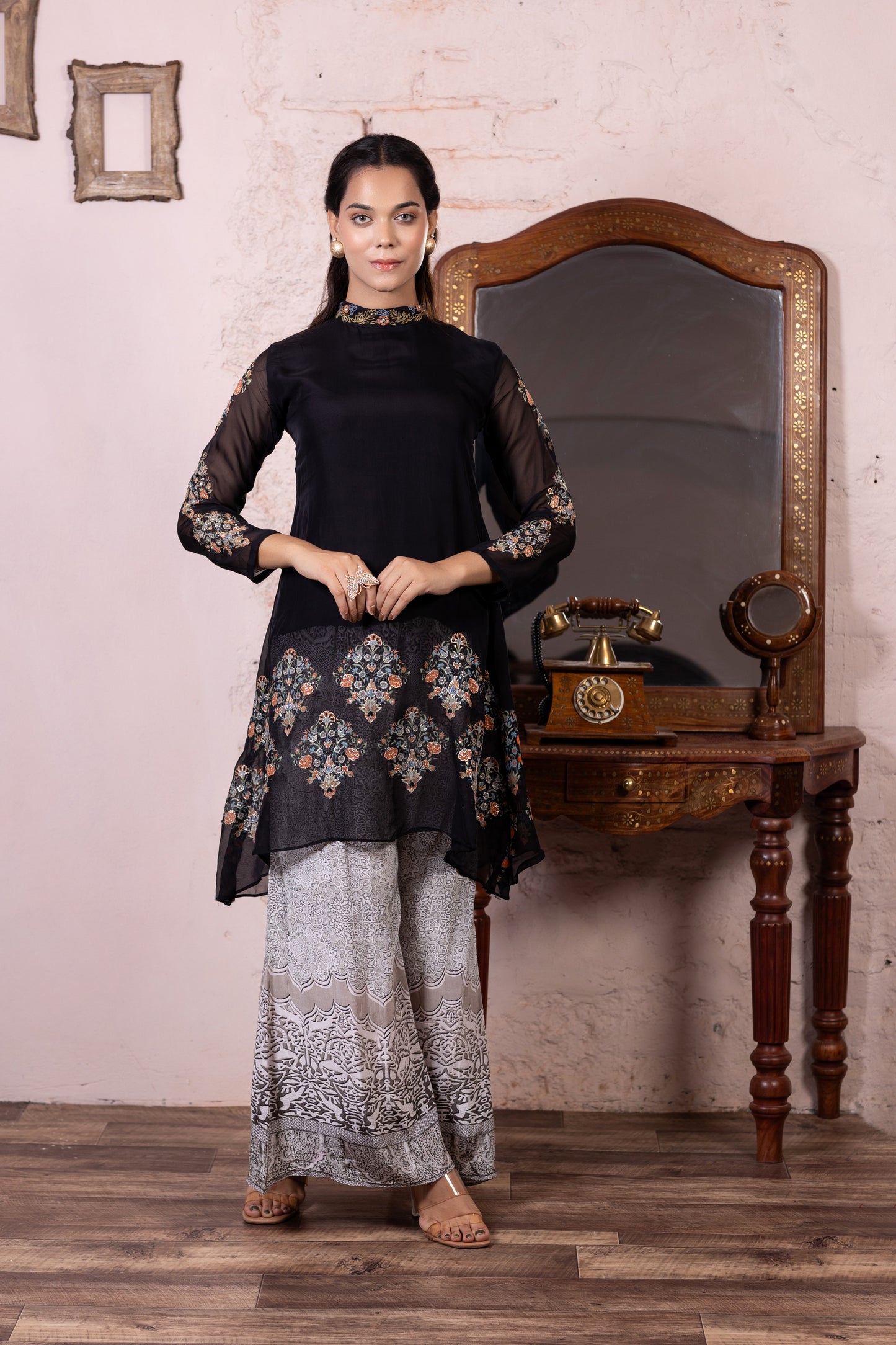 Black Pure Chinon Hand Embroidered Co-ord Set with Printed Palazo Set
