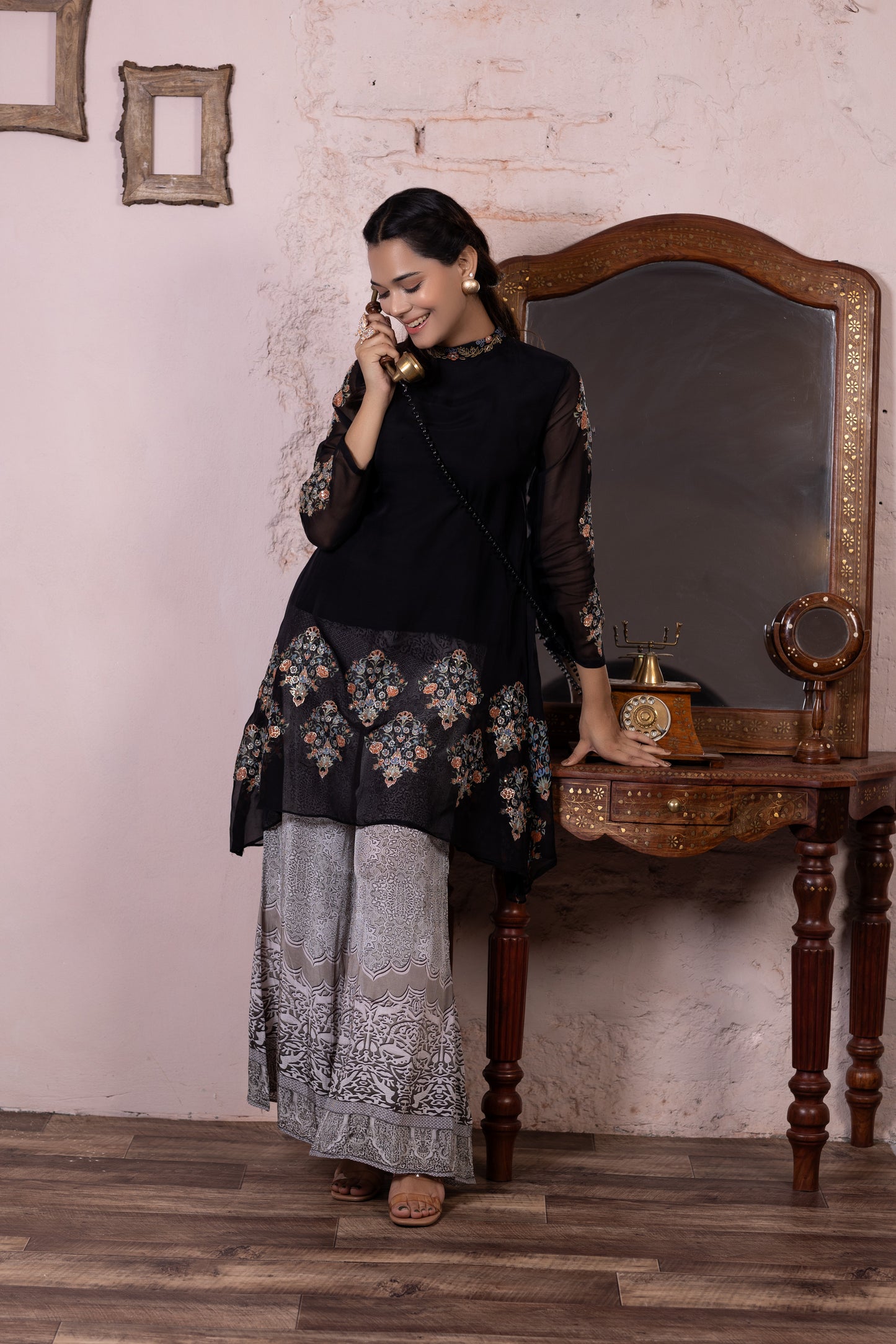 Black Pure Chinon Hand Embroidered Co-ord Set with Printed Palazo Set