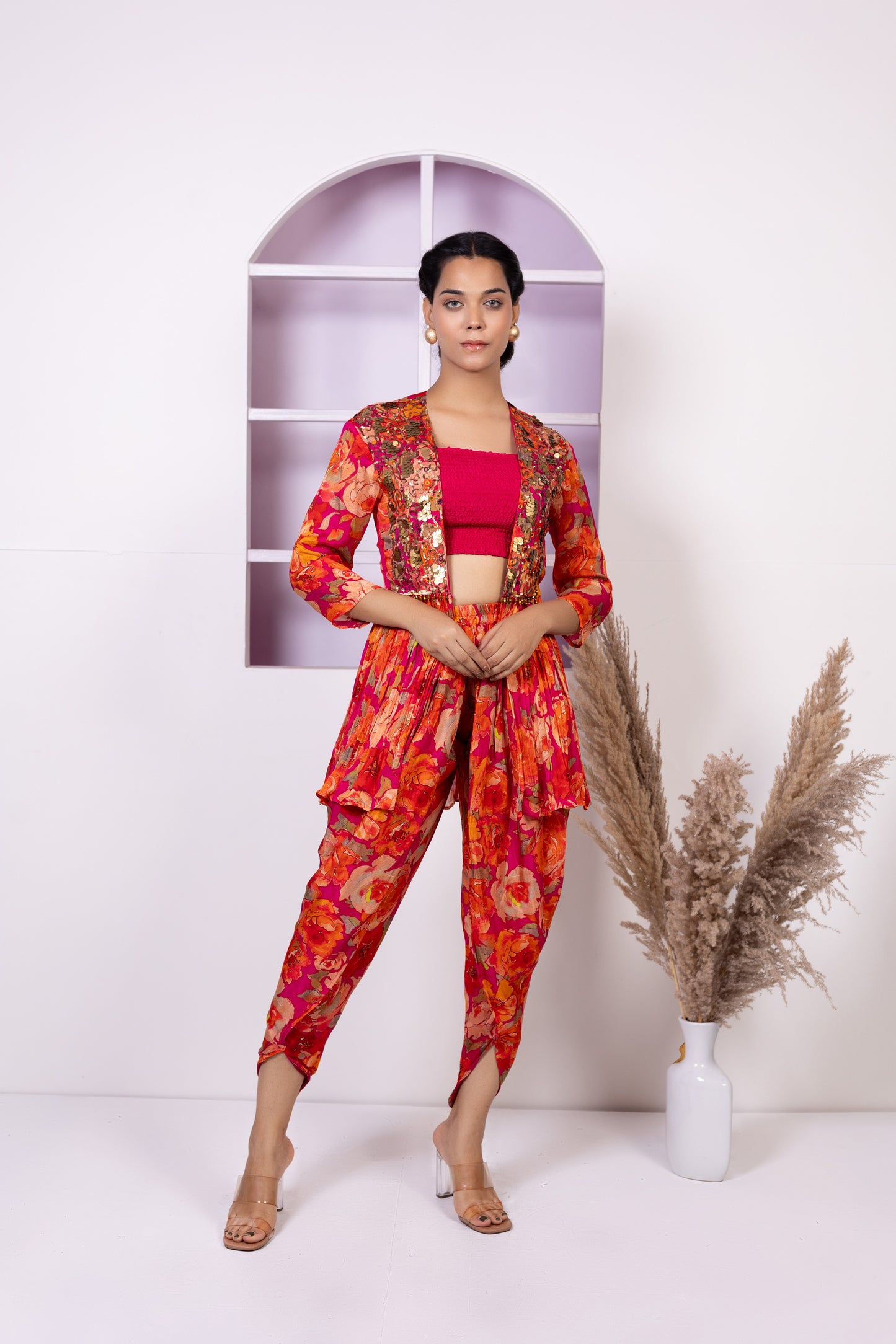 Floral Printed Hand Embroidered Indo Western in Pure Chinon with Tulip Salwar Set