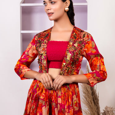 Floral Printed Hand Embroidered Indo Western in Pure Chinon with Tulip Salwar Set