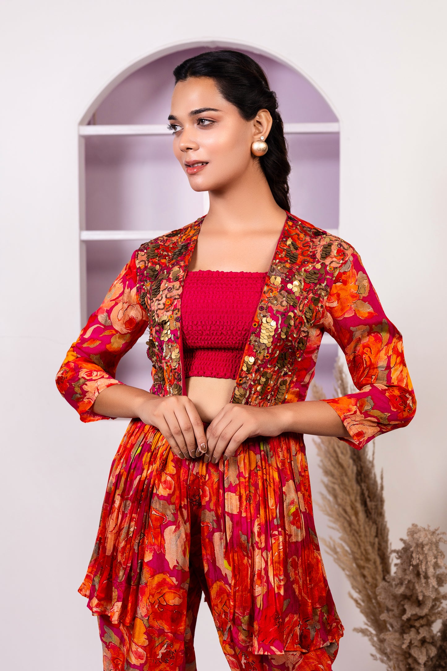 Floral Printed Hand Embroidered Indo Western in Pure Chinon with Tulip Salwar Set