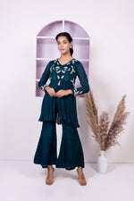 Teal Blue Chinon Hand Embroiderd Indo Western with Plazo Set