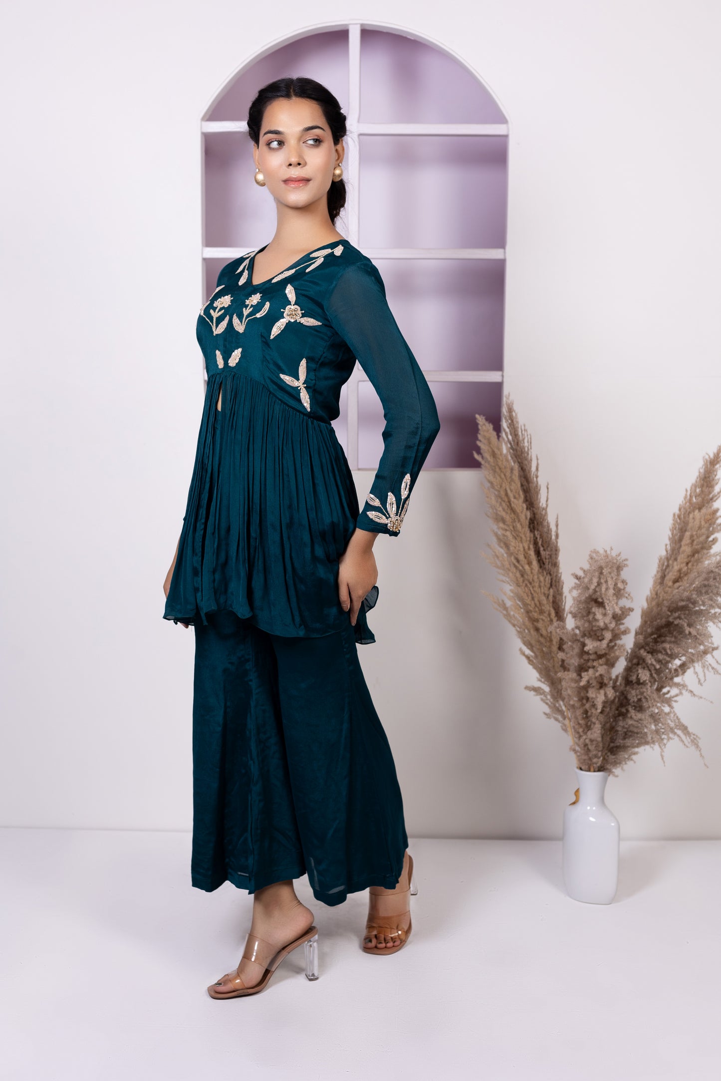 Teal Blue Chinon Hand Embroiderd Indo Western with Plazo Set