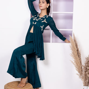 Teal Blue Chinon Hand Embroiderd Indo Western with Plazo Set