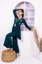 Teal Blue Chinon Hand Embroiderd Indo Western with Plazo Set