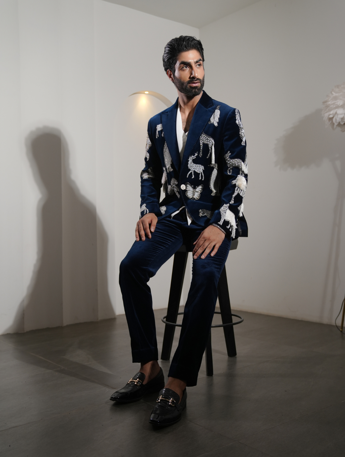 Teal Blue Cotton Velvet Hand Embroidered Animal Style Tuxedos Suit