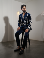 Teal Blue Cotton Velvet Hand Embroidered Animal Style Tuxedos Suit